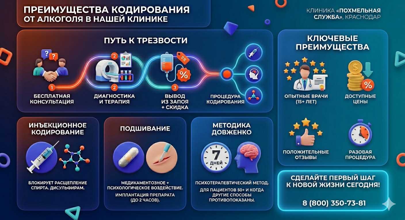 Инфографика о методах кодирования от алкоголя в Светлом: инъекции, подшивание, метод Довженко. Преимущества клиники и этапы лечения.