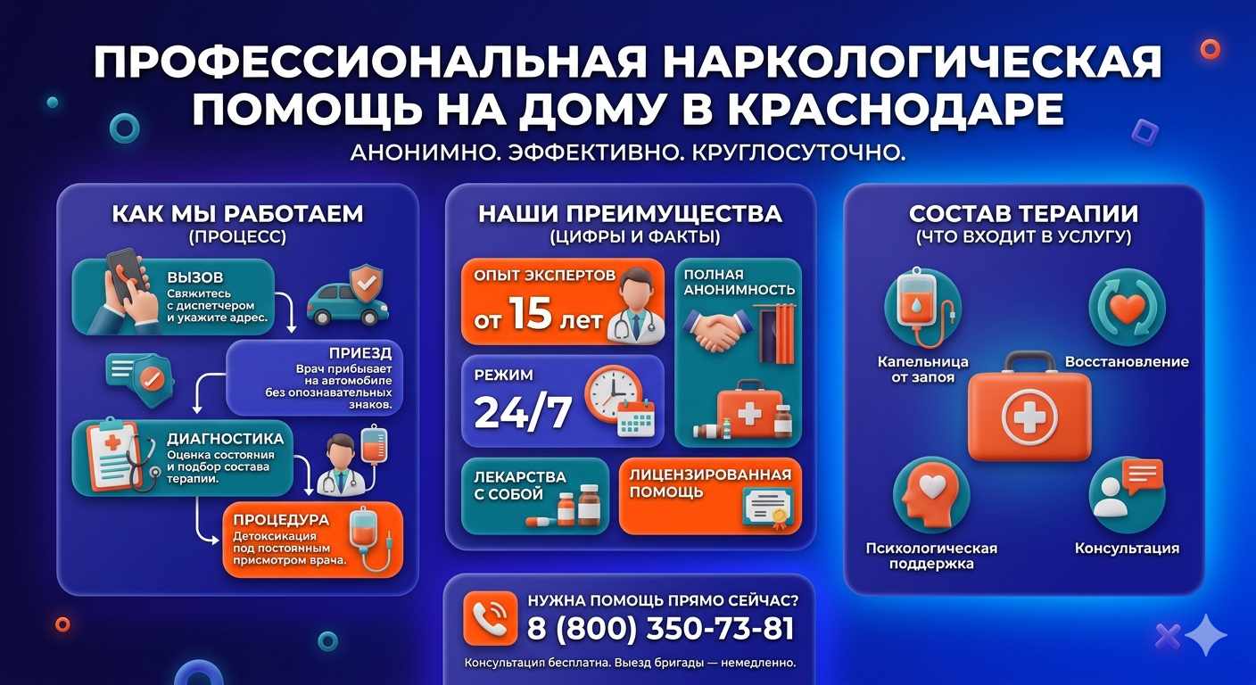 Инфографика о принципах лечения алкоголизма на дому в Светлом: этапы вызова нарколога, преимущества анонимной детоксикации и состав медицинской помощи.